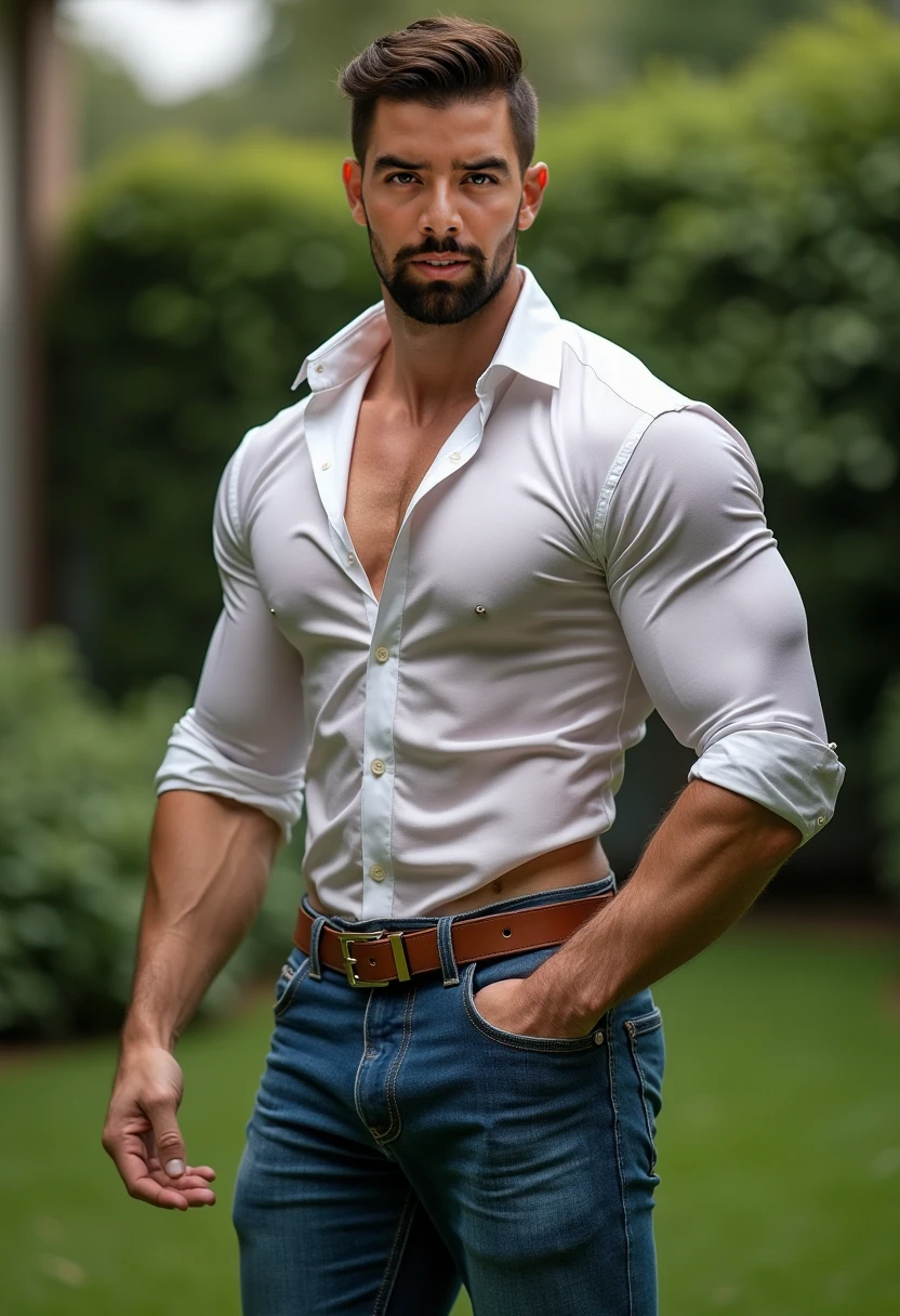 An award-winning original photo, little smiled, dimples, a wild handsome muscular indian man,(25 years old:1.3), 1boy in one photo, Solo, (looking in camera), (formal white shirt with navy trouser), bag in hand, waking on road, from Front view, black hair, (big shoulders), musculature, stubbles, beard, earbuds, Beautiful eyes:1.3, ), (Detailed face:1.3), dimples, (holded penis), Dynamic front Angle view, volumetric lighting, (Best quality, A high resolution, Photorealistic), Cinematic lighting, Masterpiece, RAW photo, Intricate details, hdr, depth of field, upper body, His perfect huge bulge,masterpieces 