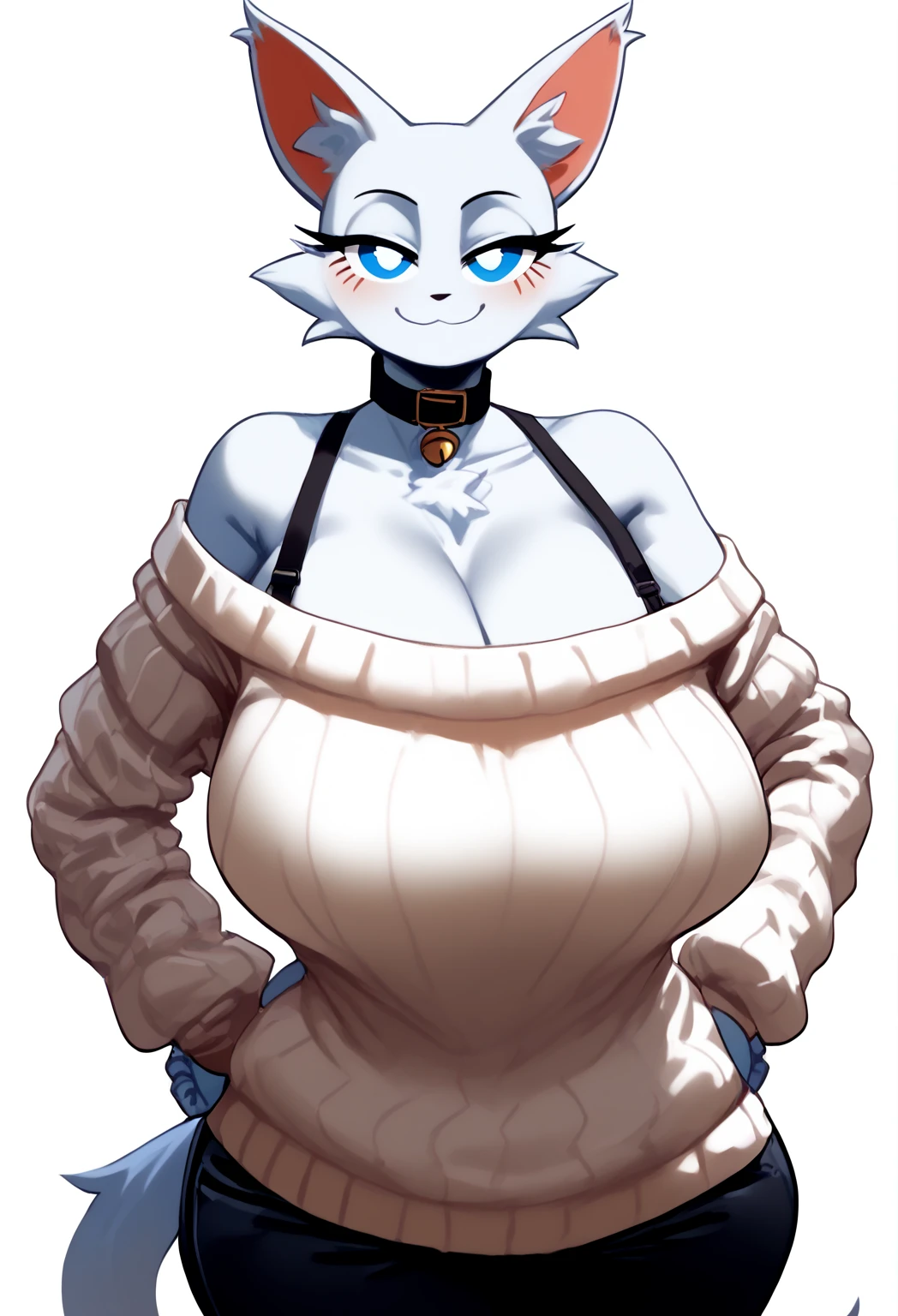 ((best quality)), ((masterpiece)), (detailed), 1girl, High detail. (((Absol))), Anthro. Stage magician assistant. Flustered expression. white body, dark_blue claws, dark_blue face, red eyes. Bottom heavy figure. Large breasts, massive breasts, deep cleavage. Hyper thighs, thick thighs. Hyper hips, wide hips, hips wider than shoulders. Leotard, fishnet stockings, cape. Fluffy hair. Camel toe.