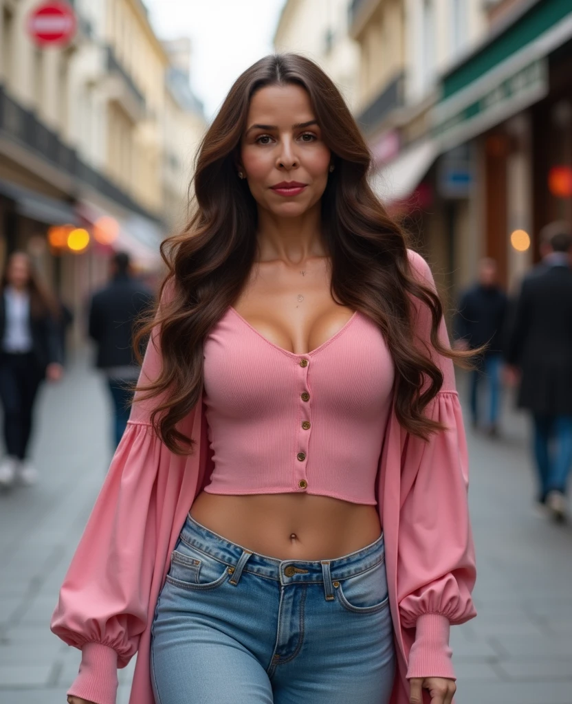 elle brune aux, chemise pink col V, (22 ans, visage innocent, natural wavy hair, yeux bleus) ((Realistic Light, Best Quality, 8K, Masterpiece: 1.3)), 1 Girl, Slim Body Beauty: 1.4, Off-Shoulder Cut Top: 1.3, luxury Dress: 1.4, Cleavage, Ultra Detailed Face, Legs: 1.3, necklace, Red Cheeks: 1.4, open mouth, white teethes, hand bag, in the street, high heels: 1.2, ((fisheye lens: 1.4)) ((total body))