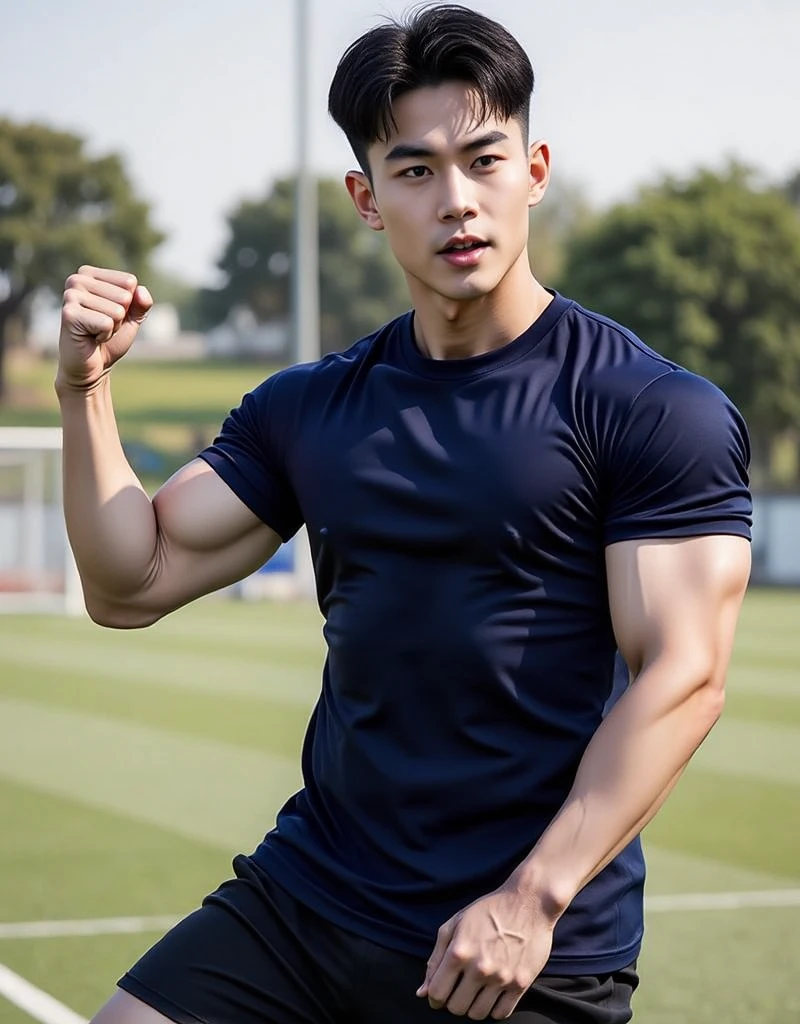 (As a matter of fact, Masterpiece, 8k HD, good light quality, sportswear, fit the face, complicated details), A handsome and muscular young Korean man., Have muscles, (Buzzcut short hair:1.5) ,(Broad shoulders:1.3), 20 years old, be happy, smile brightly, detailed face, delicate eyes, มองดูsky, (Wear a navy tight T-shirt.:1.6), period, black eyes, Black hair color, ผมsmooth, smooth, outdoor sports, Along the garden, Sunny,sky,Surreal,Awesome details,Highest quality,real,(As a matter of fact, Masterpiece, 8k HD, good light quality, sportswear, fit the face, complicated details), A handsome and muscular young Korean man. Have muscles ,(Broad shoulders:1.3), 20 years old, be happy, smile brightly, detailed face, delicate eyes, มองดูsky, (Wear a navy tight T-shirt.:1.6), period, black eyes, Black hair color, ผมsmooth, smooth, outdoor sports, Along the garden, Sunny,sky,Surreal,Awesome details,Highest quality,real