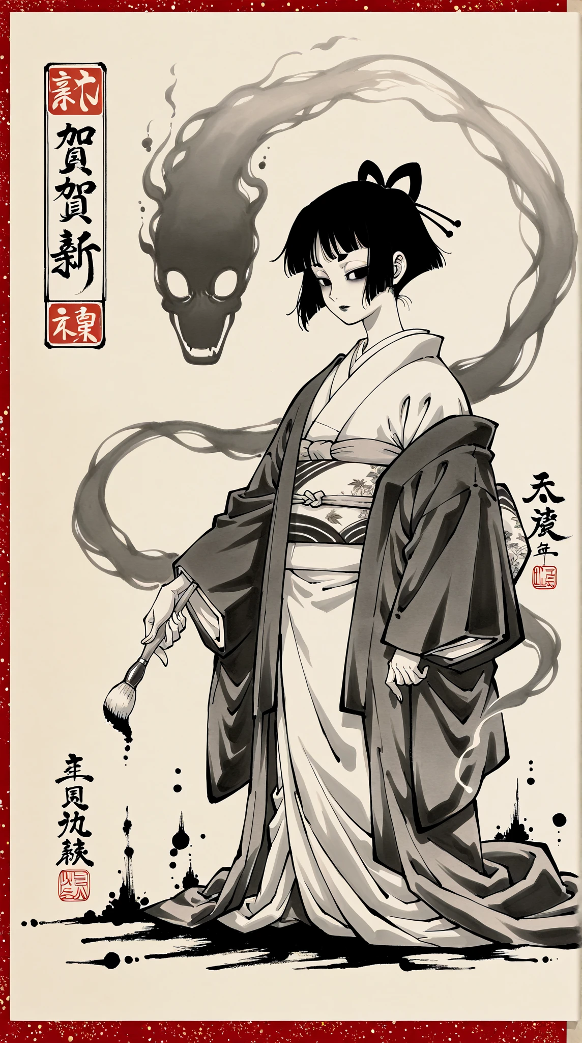 Wear a kimono with a skeleton pattern,Naked Women,Large Breasts,Big Breasts,There is a torii gate in the background.,Genitals are visible,