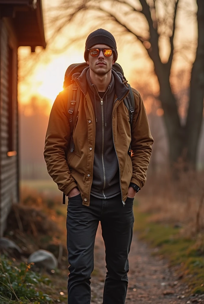 photo portrait of a Lanky 3 Swedish man with Medium complexion , crew cut hair, wearing sunglasses, a Beige Denim jacket, detailed clothes, textured clothes, outdoors, hdr, Studio quality, orange studio lighting, sharp focus, (diffuse light:1.3), (soft light:1.5), global illumination, orange atmosphere