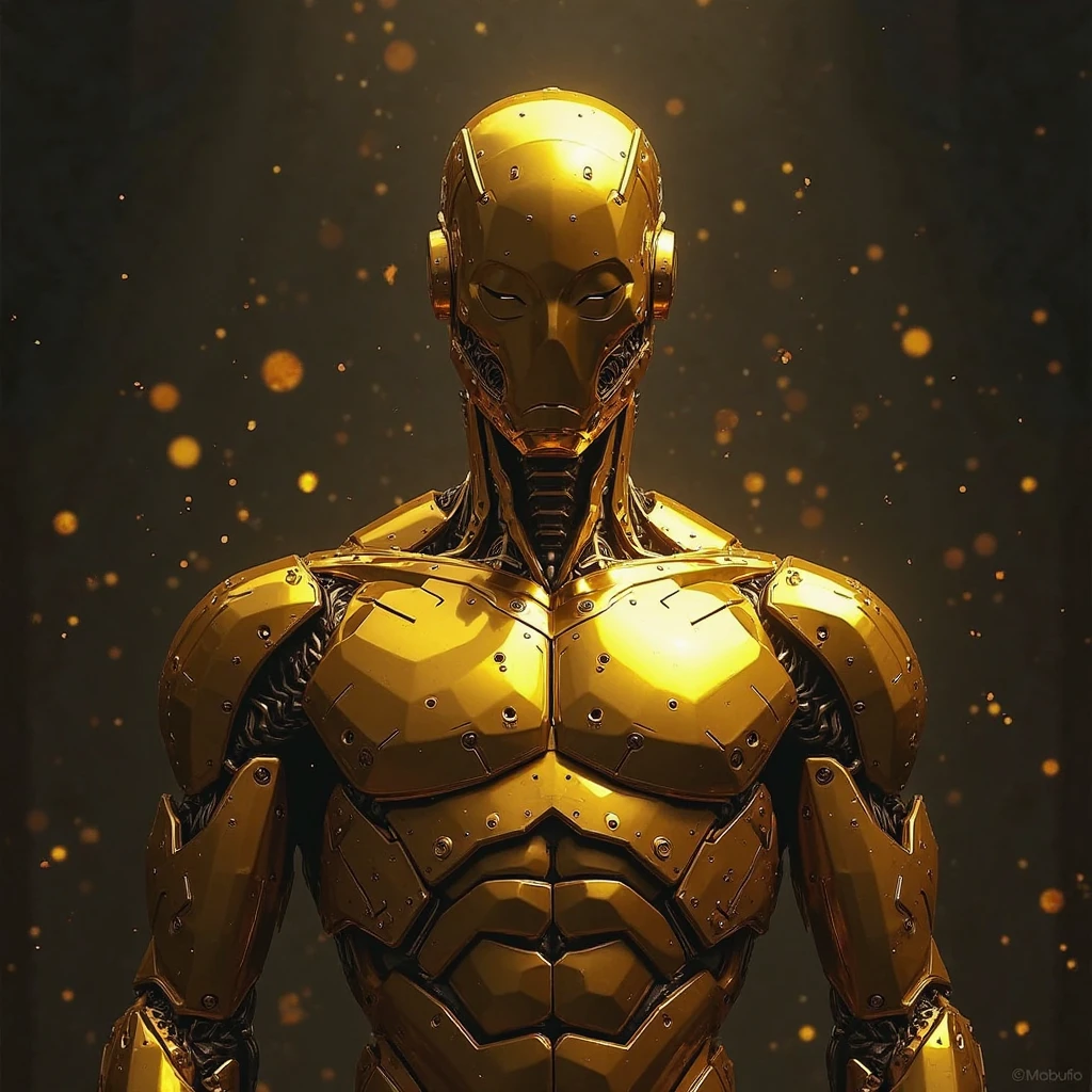 In the style of surreal collage, an seductive man statue with gold an red glowing stripes covering its eyes against a black and white, dark background in a minimalistic, graphic design-inspired illustration with holographic colors, flat shapes and lines, bulge, muscular shoulder, a circular shape, smooth curves and a matte texture in a low angle shot with a symmetrical composition in an extremely detailed, hyperrealistic style with intricate details rendered in octane