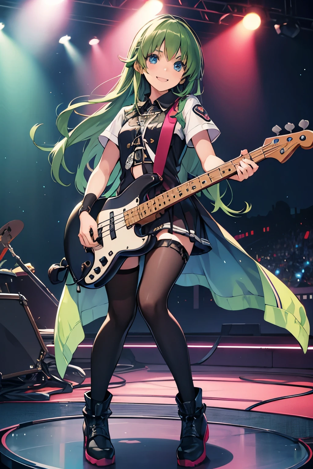 High Quality anatomically accurate girl cute green hair blue eyes straight long hair smile Playing the bass idol One person full body
Black clothes with lots of patches on them