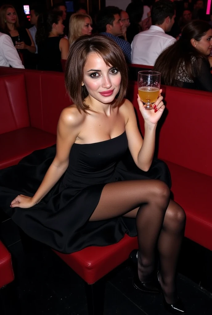 1950s New York City nightclub scene, crowded small vintage BDSM bar filled with truckers and a provocatively smiling seductive callgirl sitting on top of a bar counter near the camera. The woman is wearing only a transparent white see-through blouse with a deep neckline, showcasing her new Givenchy Ankle Strap Sandals in red high stiletto heels. The setting features 1920s nightclub decor with dim lighting, smoky atmosphere, and art deco furnishings. Surrounding the scene are vintage bar stools, old-fashioned wooden bar counters, ornate mirrors, velvet curtains, brass chandeliers, leather booths, glass ashtrays, brass cigarette holders, and crystal glasses. The bar is adorned with dark mahogany wood, polished brass railings, and framed black-and-white photos of famous jazz musicians. In the background, a gramophone plays jazz music while patrons sip on whiskey and gin cocktails. The room is filled with vintage leather-bound menus, glass bottles of spirits, cocktail shakers, and metal drink stirrers. The walls are covered with vintage posters, red velvet wallpaper, and framed art deco paintings. Ceiling fans spin slowly above, and the floor is lined with black and white checkered tiles. Other elements include metal bar trays, hanging glass light fixtures, a vintage cash register, wooden coat racks, a piano in the corner, and velvet ropes by the entrance. The overall atmosphere is intimate, moody, and filled with the energy of 1950s New York nightlife.