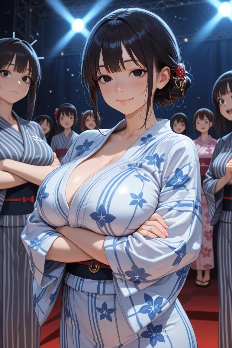 Anime Moe Art Style,Highest quality,High resolution,Anatomically correct,Multiple Girls,Mid-teens,Mr.々Hair style,Super detailed,Big Breasts,Shiny skin,Beautiful Skin,A rich expression,A big smile,high school girl,Gal-style girl,Nipples are visible,banquet hall,Baseball Fist,yukata,Show off your chest,Naked upper body,Poses that accentuate the chest,Sexy pose,Eyes drawn in detail,8K