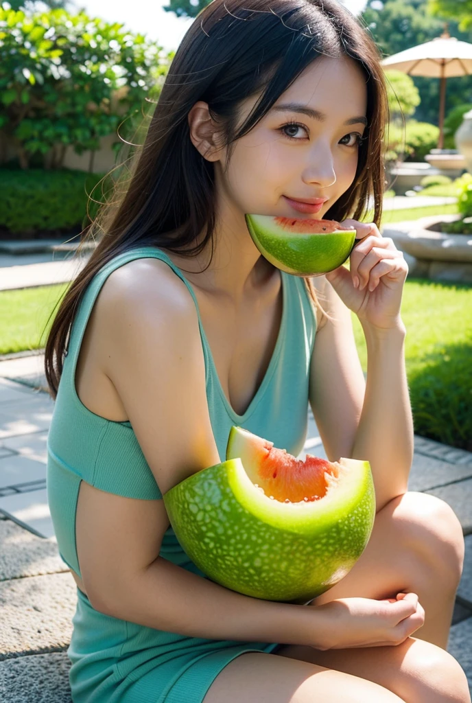 masterpiece、top-quality、realisitic、Photorealsitic、Watermelon-themed paradise、Japan woman in watermelon style sexy swimsuit、。Eating watermelon、Huge slices of watermelon、Watermelon farm、Bright décor、A smile、Joy、dynamic ungle、动态照明