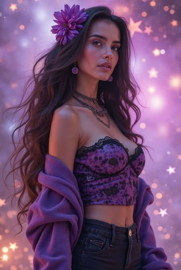 a woman with long curly hair wearing a purple top and butterfly necklace, with glowing purple eyes, doja cat, aesthetic cute with flutter, extremely moody purple lighting, glowing purple, glowing aesthetic, beautiful artwork, dark purple skin, sza, smooth in _ the background, ☁🌪🌙👩🏾, blacklight aesthetic, purple hue
