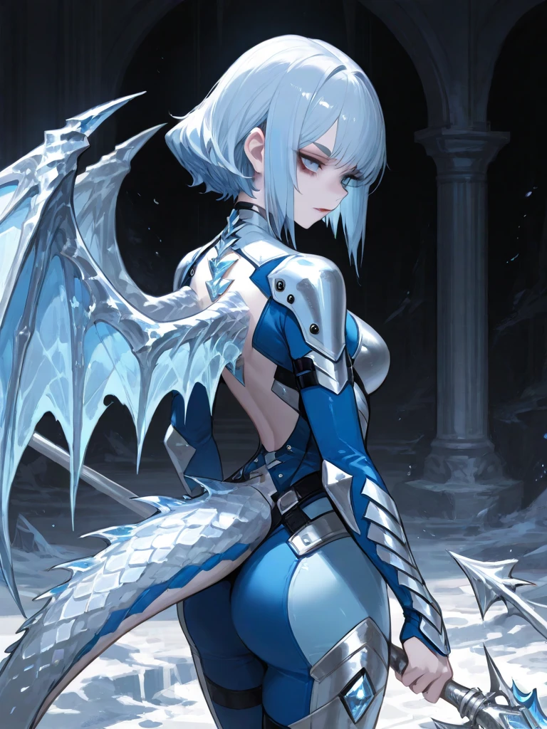 ((drawning))((high qualiy)) Dragon mulher, with armor, Dragon feminino, ful dressed, big armor, Sword and shield, Long Tail, skin scales and horns, blue colored eyes, Dragon, silver woman