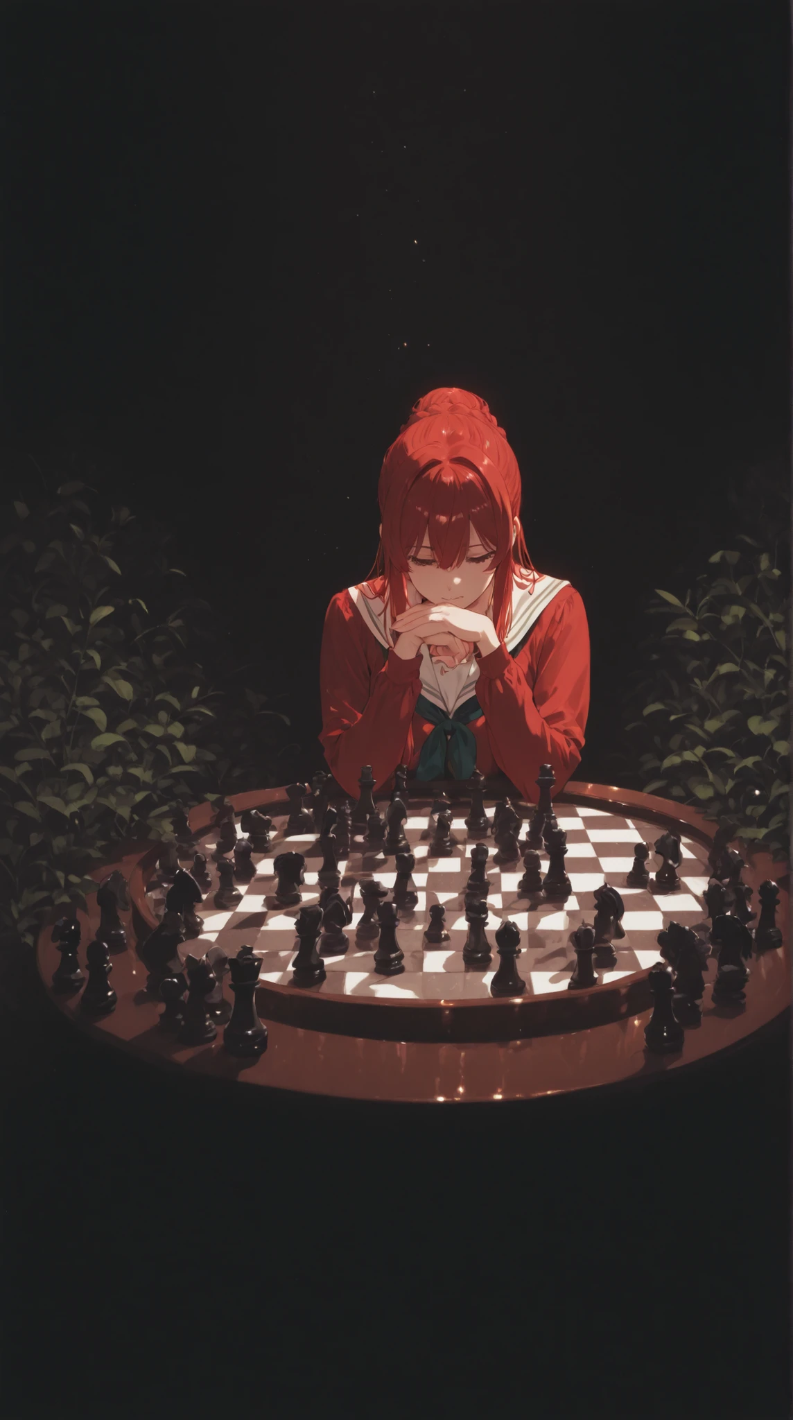 Manga convention, Women playing chess in the park. You are sitting at a chess table in a sea of flowers. Colourfull. Happines.