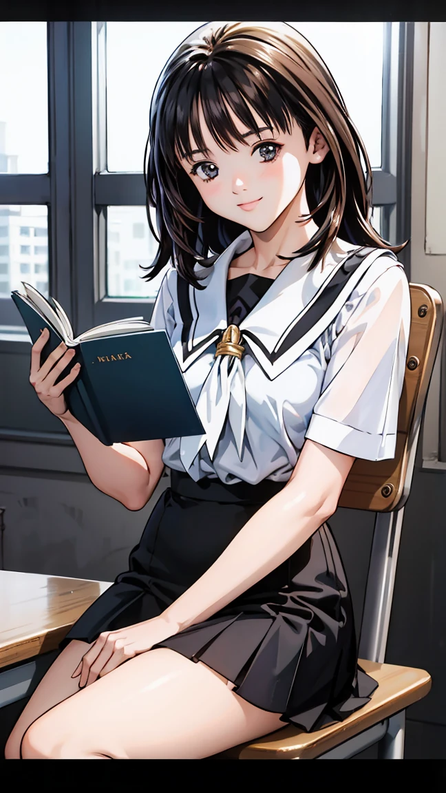  (Three boys and one girl) ,Navy blue mini skirt、expensive,(School classroom、machine、Chair、reading、I read a book),、smile、The men are laughing、、Long Hair、They hesitate,Sweaty body、Wet Hair,  Underarm, Mid-chest,Realistic nipples, Realistic butt crack , (expensive色彩彩度:1.0),  (Very detailed肌), (Highest quality:1.0), (Ultra-high resolution:1.0) ,(Realistic:1.0), (Very detailed:1.0), (8k, RAW Photos:1.1)、(Touching your own with your hands)、(A man is touching her breasts from behind)、The man behind、Grab your chest、、Squirting、Center of chest、Spread your legs、Yoshizuki Iori、White blouse