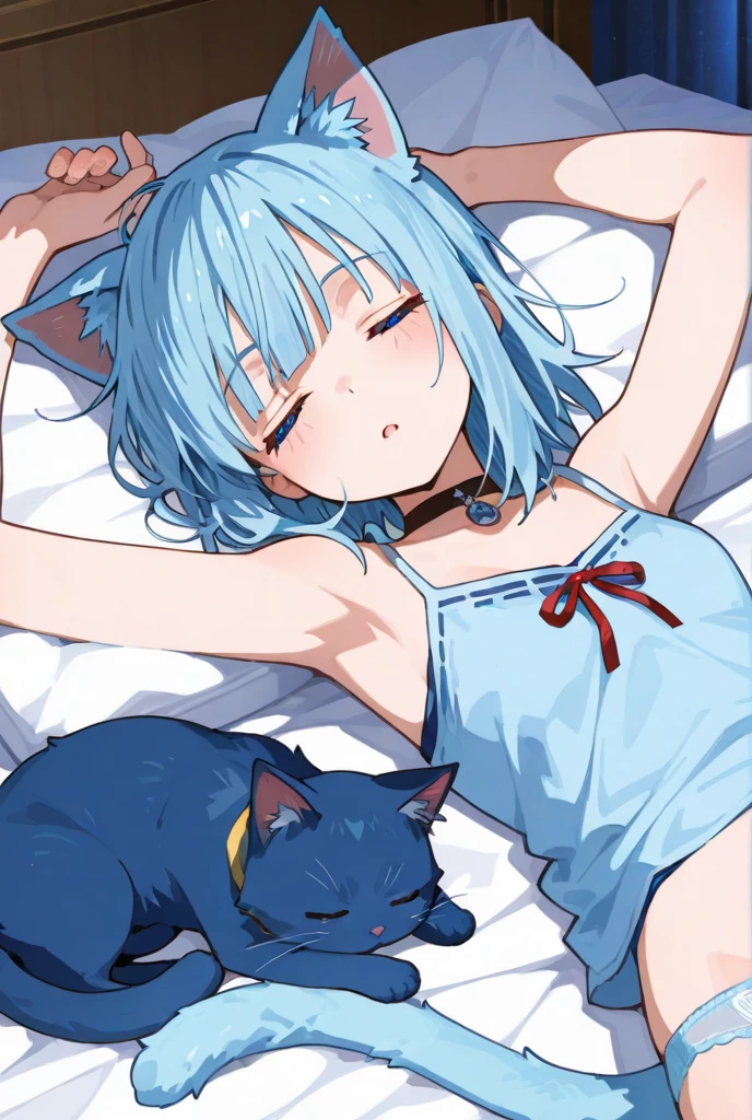 (Best quality1.2、masutepiece)、full bodyesbian、A stunning、Take a cute cat and cuddle it)、kawaii、short-cut、Light blue hair(Iridescent hair 1.2)、