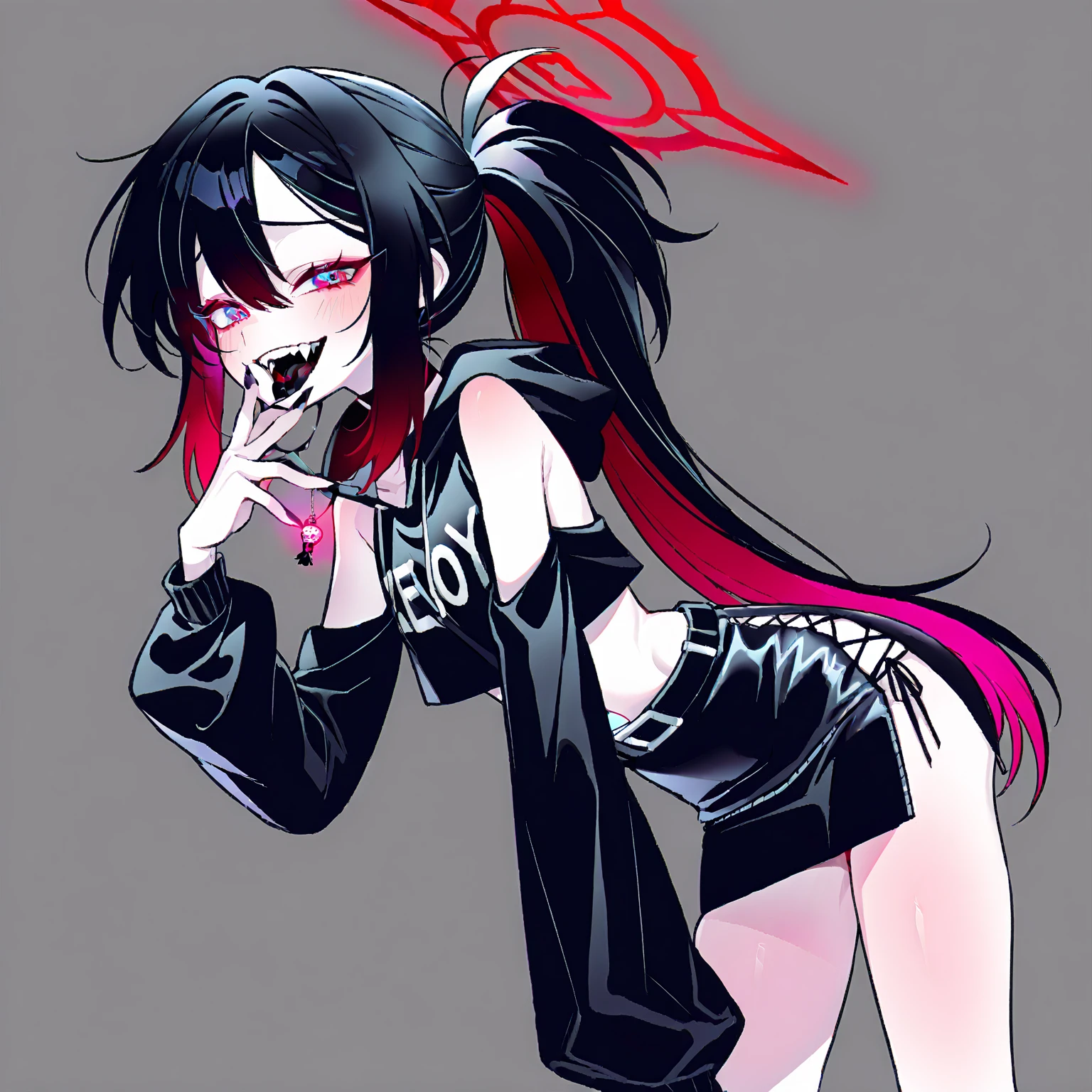 single female with grey skin, with black hair long twin tails style, with pink streaks, sharp teeth, black biker jacket, black crop top and black pants, dragon tail and dragon horns, full body