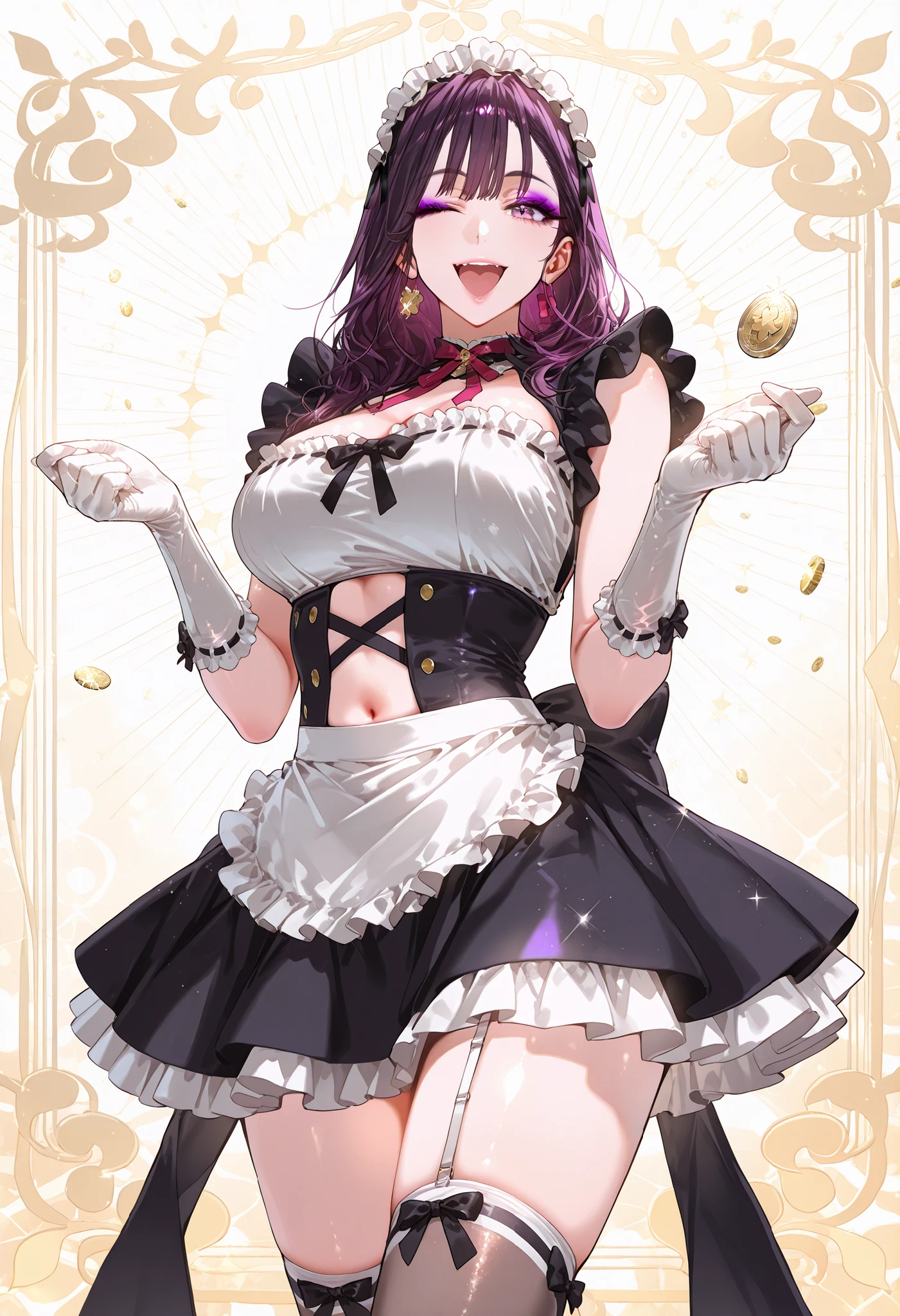 (m18+), masterpiece, best quality, clothes cutout, navel, pink lips, makeup, purple eyeshadow, 1girl,sexy maid outfit、frilly maid headband、mini skirt with apron、knee high socks with ribbon、(Silk Long Gloves)、Fair skin、sexy pose、fantastic night city、A cafe crowded with people、cute smile、gold coin background,gold coin,glitter, smile,open mouth,one eye closed, looking at viewer,