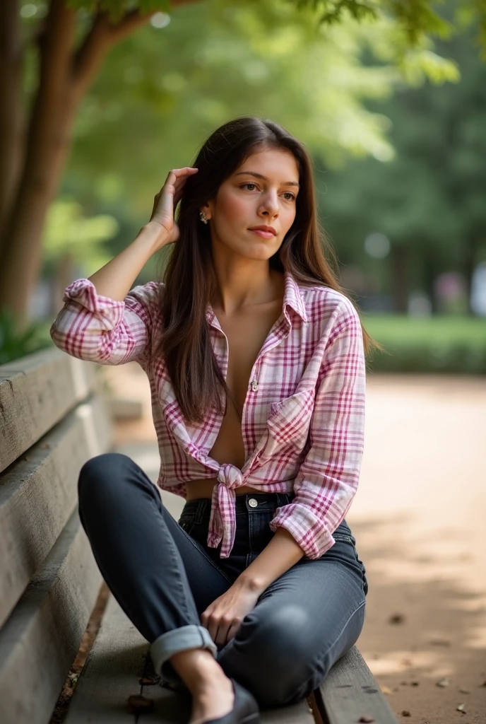 Half-length glamour portrait, nikon D850, f1.6 lens, 200mm, DSLR, 22 Megapixels, (((Park with trees scene))), shot of a stunning 20 years old portuguese girl, (smile:1.4), (wearing Dark magenta Checked blazer with boyfriend jeans and cotton top:1.6), ((seductive pose)), hot girl, (((big natural breasts))), (((brown ponytail hair))), (small girl), symmetrical face, photorealistic, photography, (bright natural lighting), gorgeous, deep cleavage, (masterpiece), best quality, high resolution, extremely detailed, cinematic lighting, (((very narrow waist))), rich colors, hyper realistic, lifelike texture, ((jewelry)), (((She has beautiful hands and wears rings))), (bracelet), (necklace), (ankle chain), (nail polish) (earrings), Fuji Superia 200, 8k
