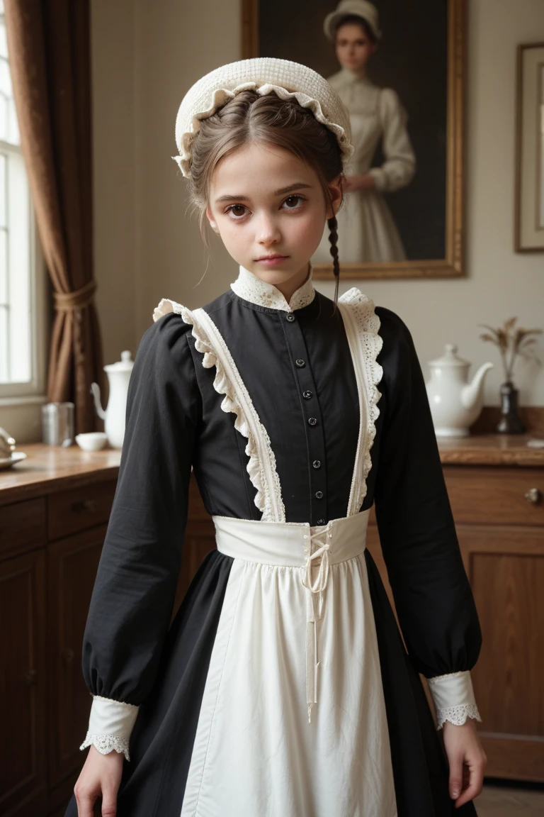 masterpiece, highest quality, Very detailed, 16k, Ultra-high resolution, Cowboy Shot, Detailed face, Perfect Fingers, 4 year old girl, blue eyes, blonde, Braiding, Black maid outfit, Inside the mansion, cleaning the entrance