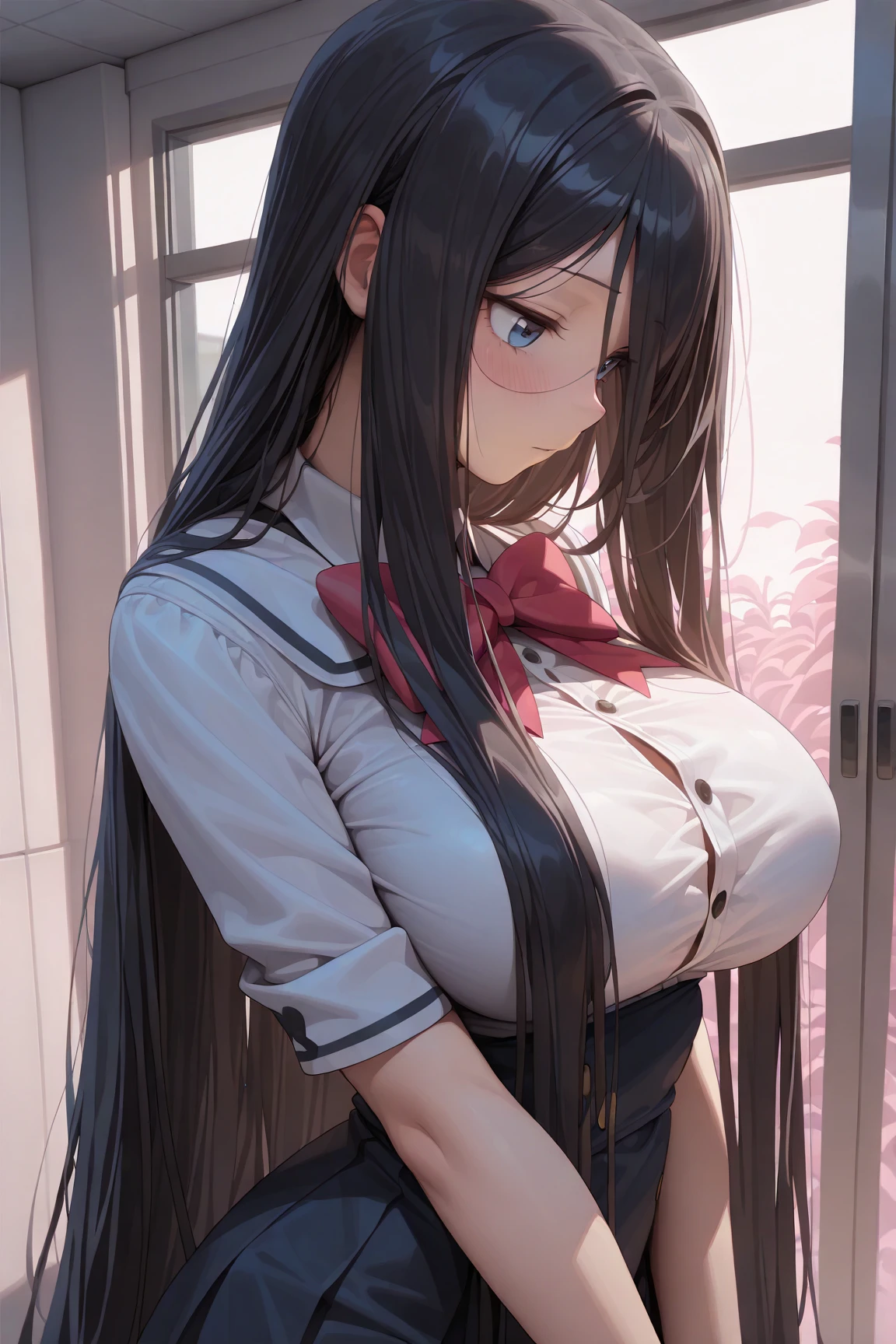 long dark hair / big tits / brown eyes/ lifts up her skirt, sweet innocent face, embarrassment