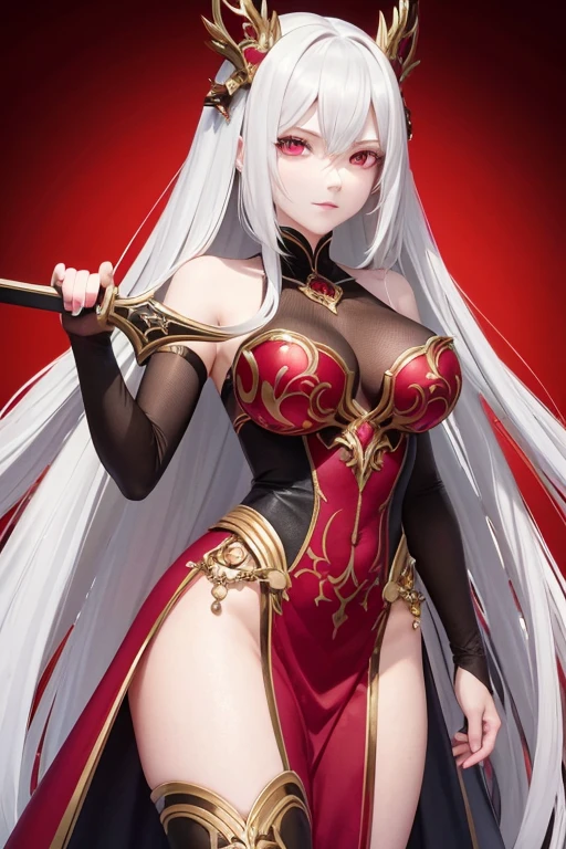 Girl with white hair and red costume holding sword, See-through sheer nipples、Good body shape full body with good style、nakeness、cushart krenz key art feminine, epic light novel art cover, overdetailed art, Detailed key art, epic light novel cover art, key art, official artwork, cyarine, Official art, high detailed official artwork, fronds, High-quality art style, zerochan art