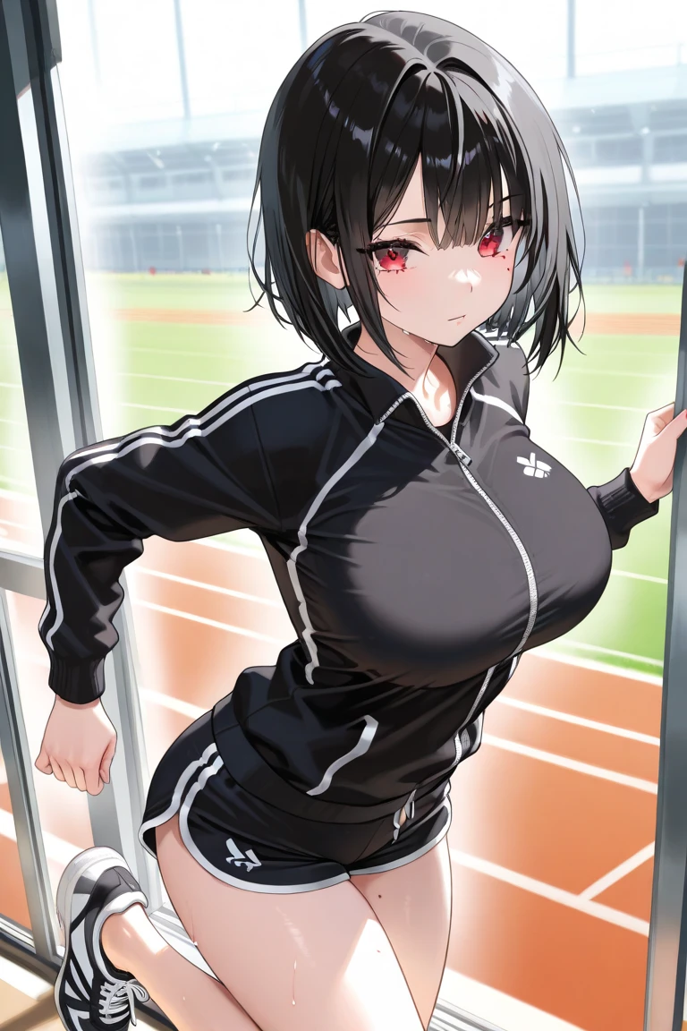 mastute piece,Best Quality,insanely detailed,8k cg,nsfw,
(shoot upper body:1.3),
(1girls:1.3),standing,looking at viewr,body in front,((both arms behind back:1.4)),(track suit:1.3),(((bare breasts:1.4))),break,
blush,shy,(ecstasy face),(trembling:1.2),break,(light brown hair:1.2),
break,
perfect breasts,(perfect teats:1.3),(open mouth:0.9),(large breasts:1.3),
(outdoor sports field:1.1),