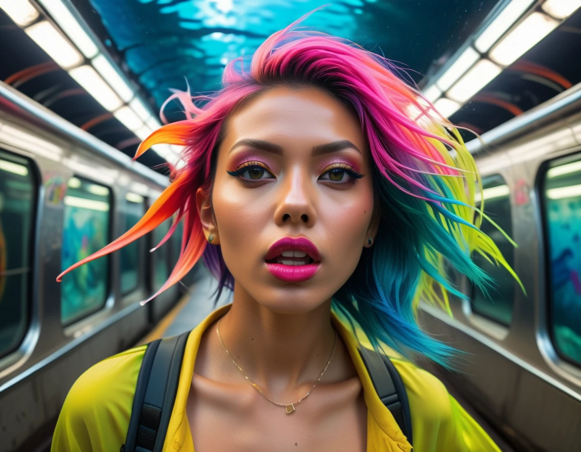 Finnish woman captured beautifully, evoking emotions in stunning portraits, extremely colorful neon fish flying outside the windows, subway submarine, fish-eye lens, (cinematic still:1.2), art by bugmAIster dreaming of being art by Chad Knight, photograph, insane details, Angry Elusive tall Female DJ, Abstract hair styled as Layered, Ultrarealistic, Energetic, Elevated, avant-garde, film grain, Sony A9 II, Fish-eye Lens, (cinematic still:1.2)