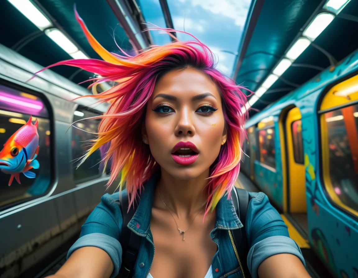 Finnish woman captured beautifully, evoking emotions in stunning portraits, extremely colorful neon fish flying outside the windows, subway submarine, fish-eye lens, (cinematic still:1.2), art by bugmAIster dreaming of being art by Chad Knight, photograph, insane details, Angry Elusive tall Female DJ, Abstract hair styled as Layered, Ultrarealistic, Energetic, Elevated, avant-garde, film grain, Sony A9 II, Fish-eye Lens, (cinematic still:1.2)