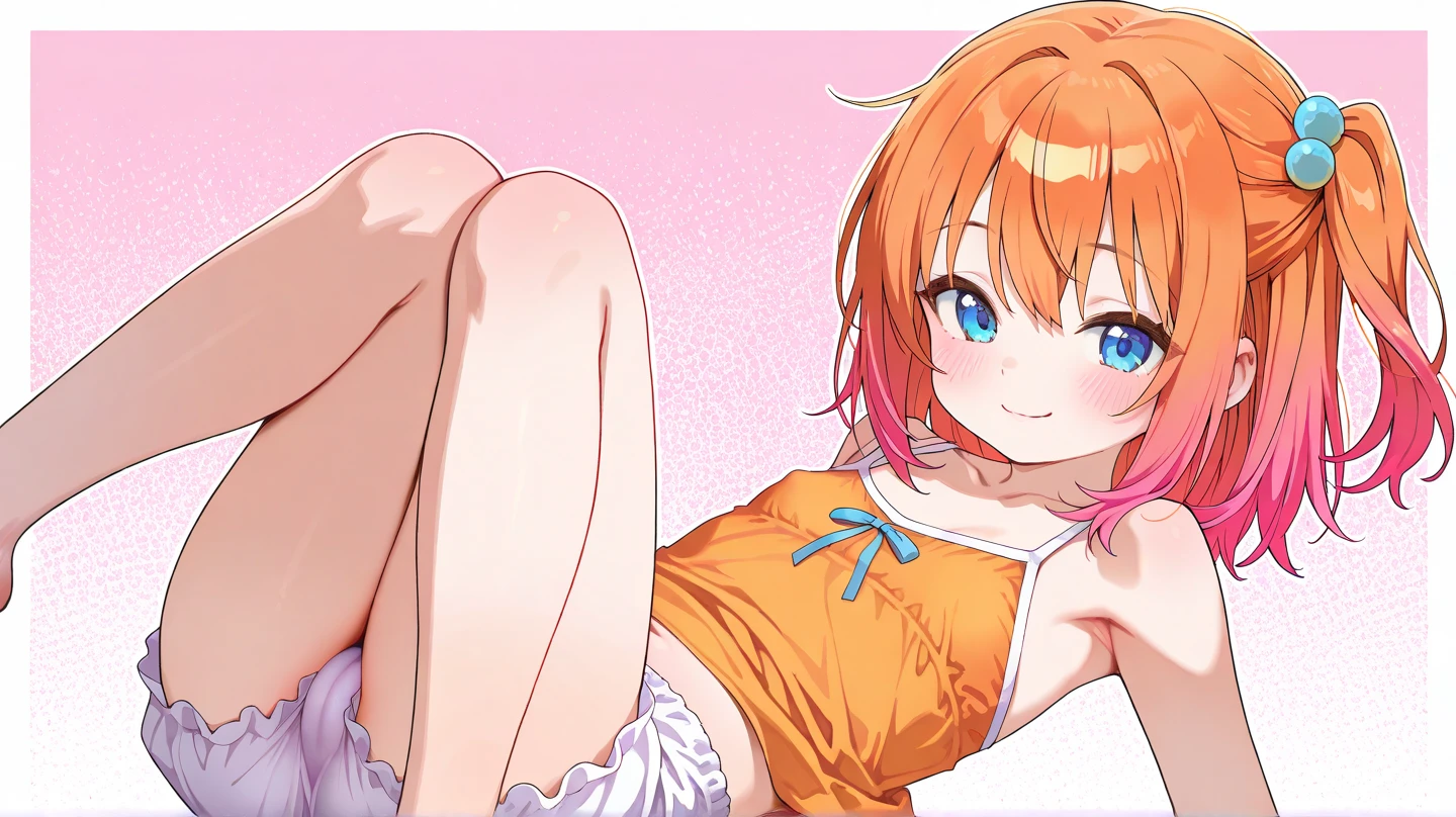 Beautiful adult woman、((Orange short hair))(Yellow Eyes)、(Cute honey in sexy pink outfit)、Smaller butt、Neon Background