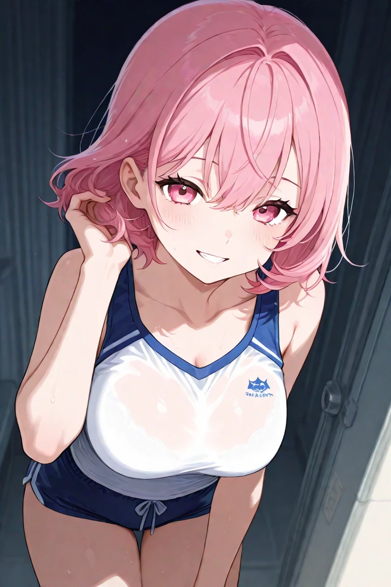 (8K, top-quality, masterpiece:1,2), (reallistic, Photorealsitic:1.37), Super Detail, One girl,), (Highly detailed), (beautifully detailed eyes), (of the highest quality), (super detailed ), (masterpiece), (Detailed face),20yr old, ,1 girl, ((pink hair,long hair)), medium breasts, clothed, Perfect Lighting, BREAK, (navy blue:1.2), (pink trim:1.2), (anchor pattern:1.2), (spandex:1.2), (glossy school swimsuit:1.5), (plunging neckline:1.5),( very glossy:1.2), (high-cut legs:1.5), (bodycon:1.3), (ribbon detail:1.2), (no socks:1.1), (navy heels:1.1), (gold jewelry:1.1), BRAKE, (from upper body to knee:1.2), (long pink hair:1.2), (wavy hair:1.1), (alluring smile:1.3), (downcast eyes:1.2), (tilting hips:1.4), (hand on swimsuit strap:1.3), (one leg forward:1.2), (soft lighting:1.2), (pink gradient background:1.1), BRAKE (sweat:1.5), (steam:1.2), ( handjob gesture:1.2), (girl trembling with sexual climax:1.1),