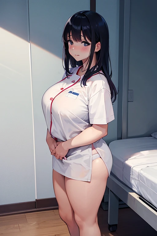 rikka,takarada rikka,bangs, long hair, black hair, blue eyes, thick thighs, solo, nurse, ((white nurse cap, white nurse's outfit)), ((white legwear, zettai ryouiki)), white gloves, smile, closed mouth, standing, hospital room, sharp outline, short sleeves, best quality, masterpiece