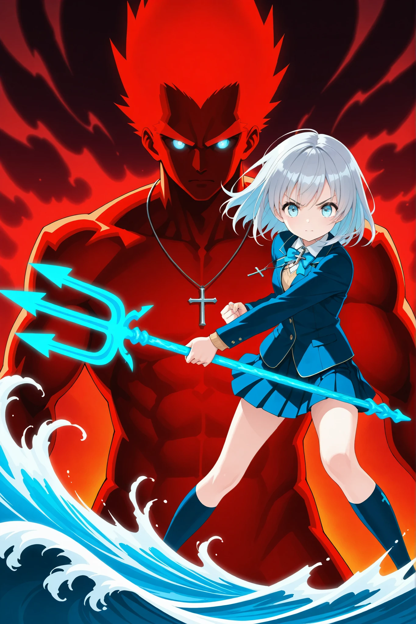 ultra-detailed,8K,illustration,CG,1 cute girl, silver hair, light blue eyes ,cross pendant
,(:1.3Red Streak Hair),Red Streak Hair,school uniform, jacket blazer,trident,glowing weapon,wave,fighting stance