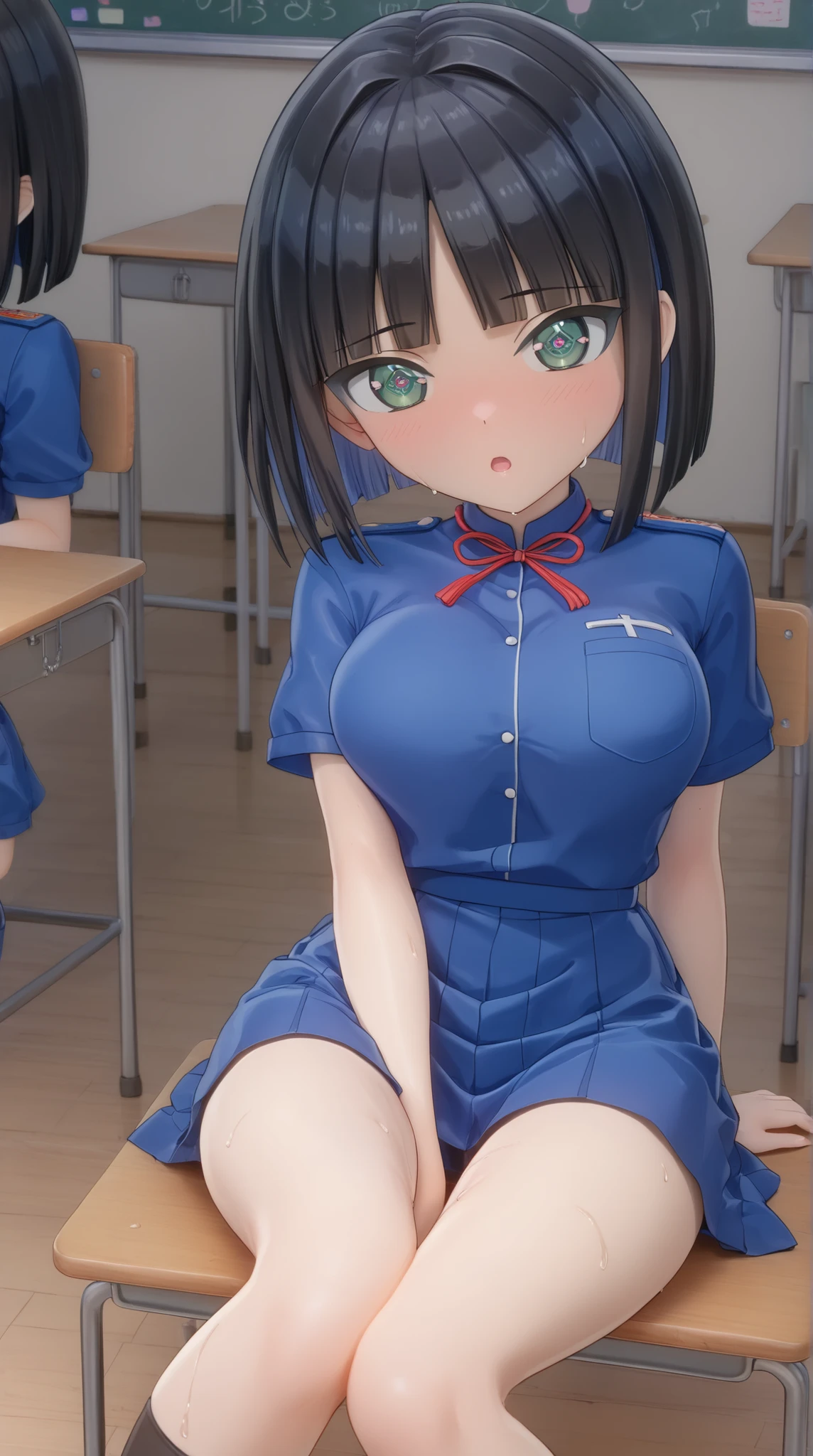 ((PVC:1.5))、masterpiece、Highest Quality、(Beautiful student uniform :1.8)、rough breathing、a lot of sweat、beautiful hair、detailed beautiful face、Beautiful Shadows、and open your mouth、(1 girl)、blushes、( Beautiful Fair Skin:1.lender waist 、cute face、big eyes、open your legs、moist eyes、INES 、( cross-shaped pupils )、black hair、short hair、bob cut、dull bangs、color inner hair、split bangs、MWord Opening、(sitting on a chair in the classroom)