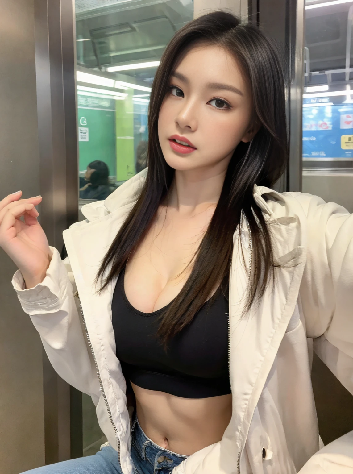 Photo of a 20 year old woman, Perfect Face, masterpiece, good, black_good, Jacket, Micro Bikini,Big Breasts