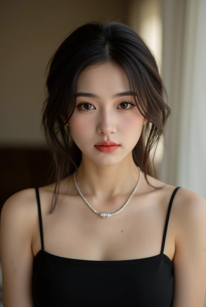 Extreme close-up, realistic photos of 1 cute Korean star, ponytail, white skin, 32 inch breasts size, wearing v-neck tank top, holding coffee mug, in the kitchen, cinematic scene, UHD