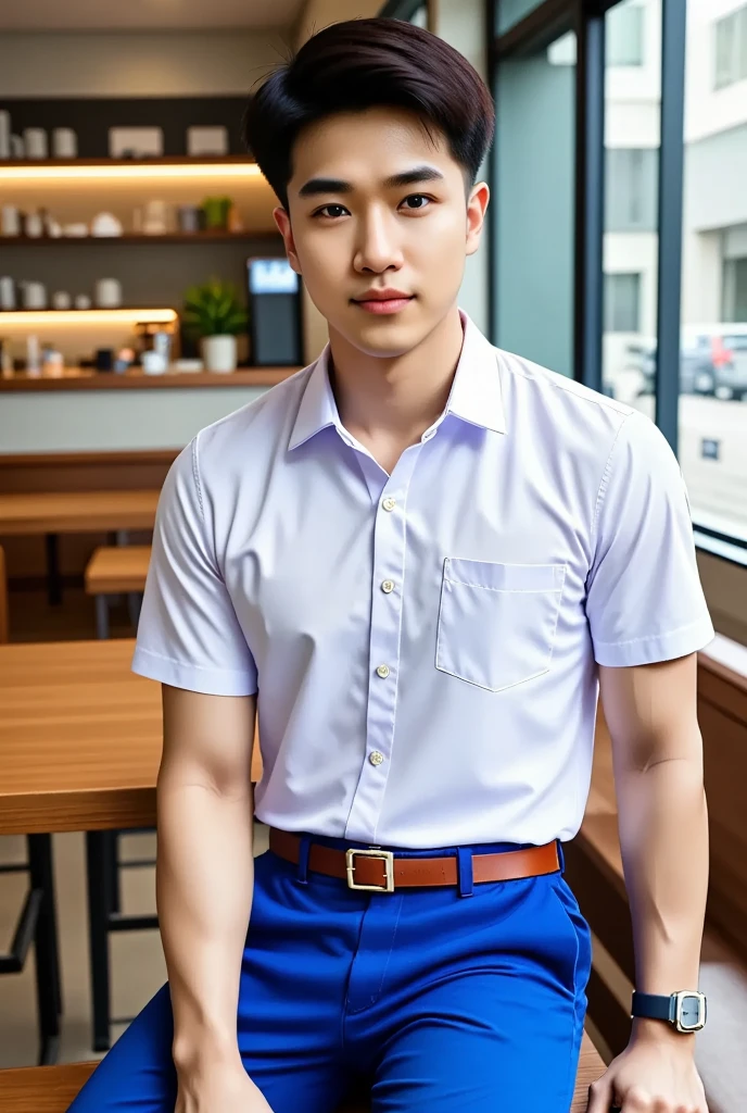 Next to the DJ inside the flickering bar,Male boss in his 28s,Slightly thinner stature,The appearance is handsome,Korean version of the small shirt,Casual attire,with long hair in takes,With gold-rimmed glasses,Sit down and rest