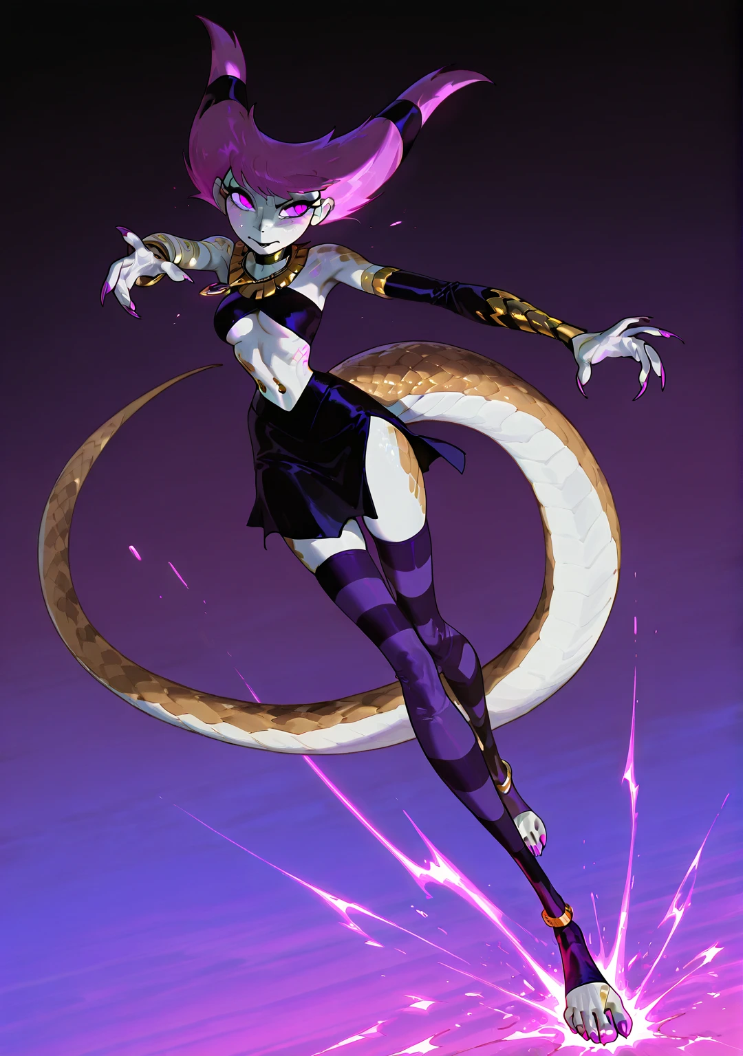 Cartoon photo of woman in magenta pink and purple costume, hot insect humanoid woman, Guyver style, NSFW version, red eye, scaraber reploid, tentacles imitating snake tail, cel shade adult animation, alien queen, serpentine pose, --auto --s2