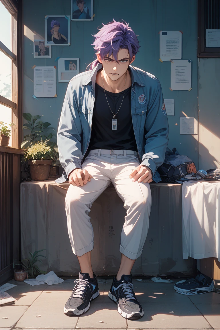 "(best quality,highres),male character,sitting with crossed legs,white ankle socks,black jogger pants,shirtless,lean physique,relaxed posture,dark hair,gazing into the distance,sunlit background,in a lush garden setting,with vibrant flowers blooming,extremely detailed facial features,defined jawline,intense eyes,strong and chiseled appearance,slightly tanned skin,soft shadows highlighting the muscles,subtle veins visible on arms and hands,emphasizing the realism,ultra-detailed rendering,sharp focus on every strand of hair,physically-based rendering,professional portrait lighting,creating an atmosphere of tranquility,color palette with warm and earthy tones,enhancing the natural beauty of the scene."