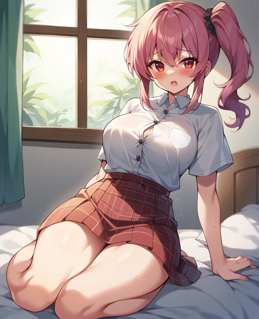 1Yae miko, large breasts,, cleavage, navel, t-shirt, clothes lift, skirt, lying, full Body,sexy body,sitting, no bra, bare breasts, two arms, bed, half closed eyes, upskirt, vagina