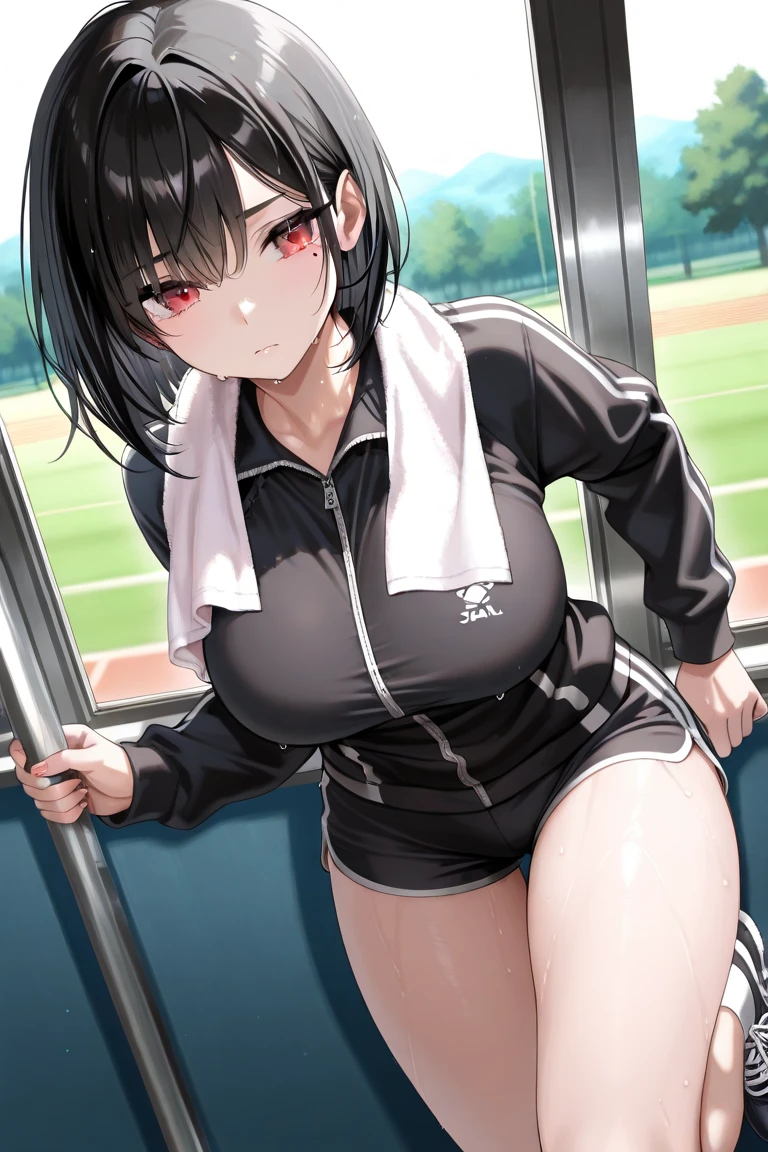 Best quality at best,tmasterpiece,1girll,with short black hair,big breasts beautiful,looking at viewert,ssmile,track suit,jogging,Off-the-shoulder attire,perspire,scowling,sweat shorts,Sports bra,Bust photo,sportrait,playground