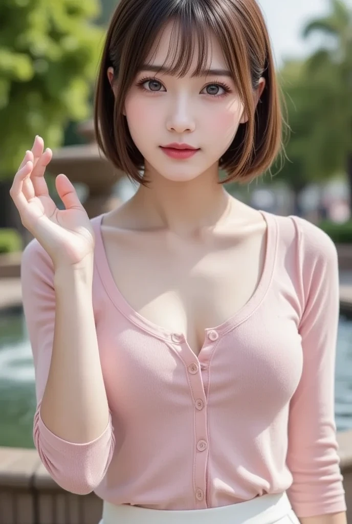 (highest quality、table top、8K、best image quality、Award-winning work)、one beautiful woman、Shining beautiful skin、(perfect pink tracksuit:1.1)、(The zipper of the jersey is fully unzipped, revealing her bare chest.:1.2)、(the most stylish perfect tracksuit:1.2)、Shining ultra-high definition skin、(accurate anatomy:1.2)、A gentle smile looking at me、(Photo from bare chest up:1.2)、(fully expose the naked chest:1.2)、(close up of face:1.3)、(Faces are very close:1.1)、(Blurry park background:1.1)、portrait photography、(draw softly and smoothly:1.1)、(very bright and vivid:1.1)、光を受けてShining beautiful skin、(very bright and refreshing:1.1)、(the most detailed and perfect face:1.1)、(most detailed glowing eyes:1.1)、(beautiful and moisturized skin:1.1)、[clavicle]