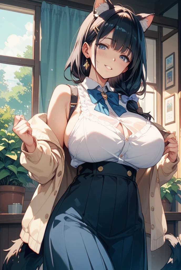 Erotic Anime Illustration、highest quality、smile、A voluptuous married woman showing off her sexual appeal、A sense of guilt、Adultery、Coffee shop、Oversized turtleneck sweater、Long skirt、Girls und Panzer、Shiho Nishizumi、Perfect proportions、Very large breasts、Exposing、Clear eyes、Blushing、Sweaty、Cowboy Shot