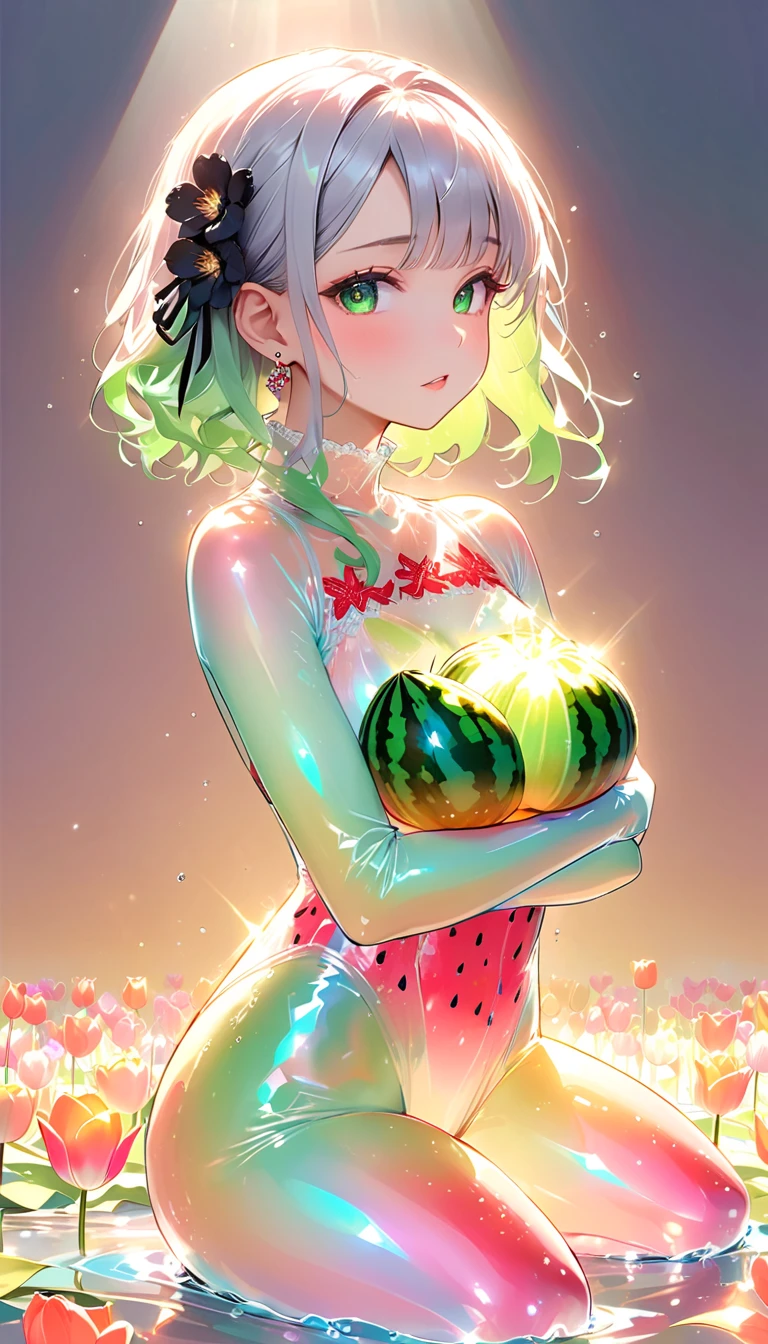 Rainbow haired fairy with butterfly wings eating a crepe　Micro Bikini