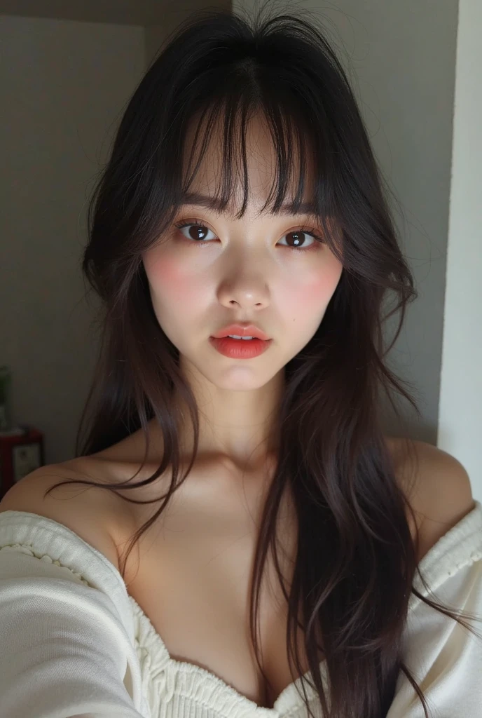 Kim Jennie de blackpink con el cabello rubio claro, cabello rubio con ondulado, cabello de color rubio ondulado, with small fringes, ojos color negro, nariz respingada y bonita, labios gruesos, Cupid and heart shaped lips.., labios rosas, pale, piel blanca, piel bonita y suave, con pecas y lunares, cejas bonitas, marked and beautiful clavicle, mientras tiene un polo con rosas color rojo tinto, rojo oscuro, con ropa interior femenina, abdomen delgado y bonito, escote desnudo, (pechos grandes, pechos suaves, pechos naturales, escote desnudo), mientras agarra una rosa,  mirando a la camara, autofoto