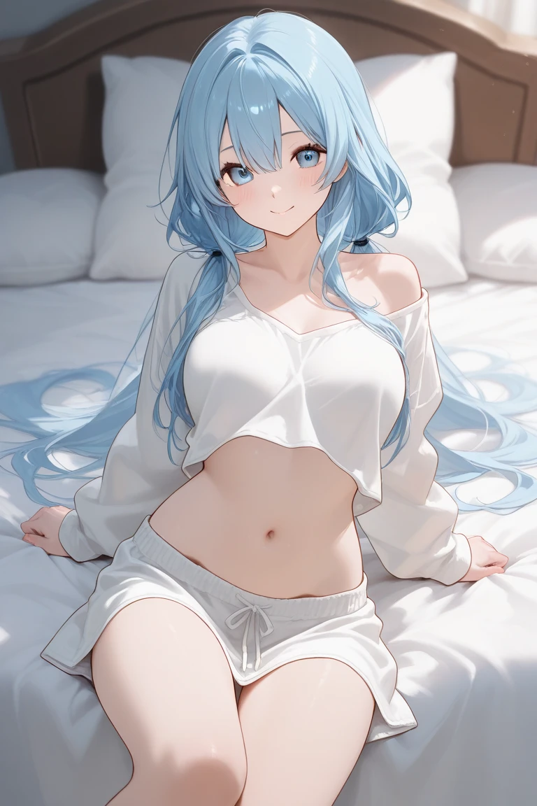 Character Details:, - Gender: 1 Girl. - Style: Anime, - Body Type: Attractive body, slim body, nice legs, slim tights, nice arms, nice shoulders. - Breast: (Small Breast:1.1), (Cleavage), (Nipple). - Facial Feature: Beautiful, Gorgeous, Teenager, Fresh, Young. - Expression: Shy, Smile, Horny, Pink Blush on Face, Sexy Eyes, Sexy Look, (Sweating:1.4), Innocent Look, Tipsy. - Hairstyle: Blunt Bangs, Long Hair. - Hair Color: (Light Blue Hair:1.5). - Clothing: (sleep shirt:1.6). - Body Pose: (Sexy Pose:1.4),. - Behaviour: Waiting, Want Something, Secretly. - Accessories: Earrings., Environmental Details:, - Setting: Bed Room., - Lighting: Natural Light., - Decoration: Modern Bed, Chair, Window, White Curtain, City View. Top view. pov, anime style, UHD, retina, masterpiece, accurate, anatomically correct, texture