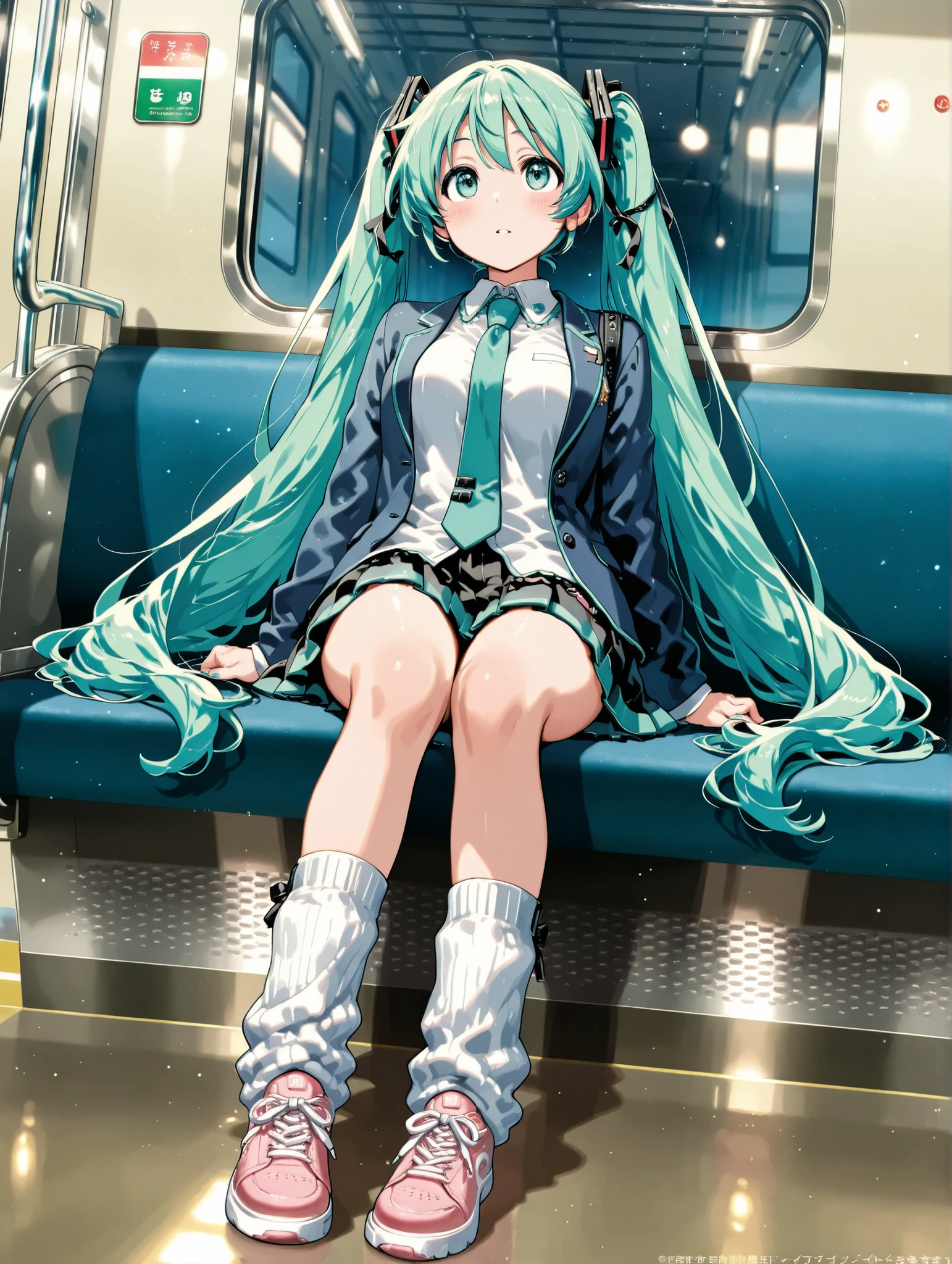 ( masterpiece、 Highest Quality、 Highest Quality、official art、 beautiful beautiful :1.2) Hatsune Miku、Light Green Twin Tails, beautiful breasts、By subway、Illustration of a Japanese woman sitting in the seat on the opposite side、The inside of the train is dim and the outside of the window is completely dark and the light is flowing、Shoes and、Focus is concentrated on the whole body from head to toe、She's wearing pink sneakers。Angle looks up at the woman from the floor。The woman is a high school student and the、Navy blue blazer and green he's wearing white loose socks。She has elegant and alluring white, smooth, and glowing skin、Features of a Japanese person with a delicate bone structure and high cheekbones like those found in Scandinavia、emphasizes her long legs and special loose socks、The illustration emphasizes her refined beauty and charm、