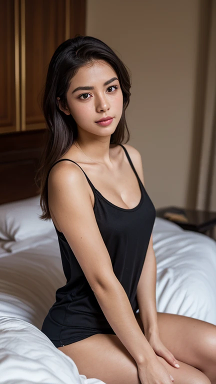 young girl, Asian girl with dark brown hair, big breast, she is dressed in elegant black dress, photo taken on a white background. Ultra-high resolution, (photorealistic: 1.4), high resolution, (brown eyes), (finely detailed skin), (perfectly proportioned) (photo realistic) (masterpiece) (photorealistic), ultrarealistic (Best Quality) (Detailed) photographed in a Canon EOS R5, 50mm Lens, F/2.8, (8K) (Wallpaper) (Natural lighting) (Convoluted) Fashion
