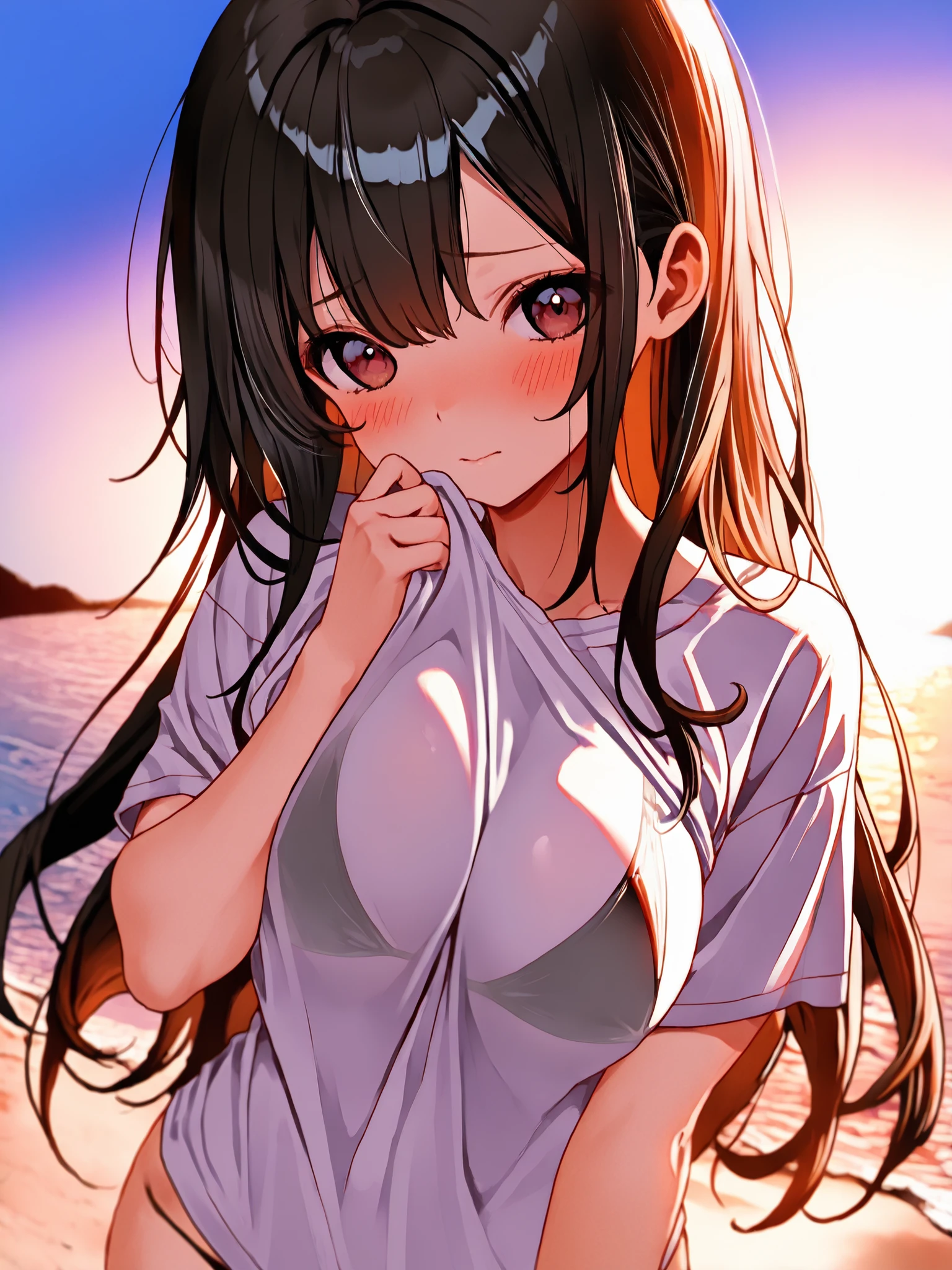 1 girl、Yang Ying's face,;luring,hot girls、25 age old、is very beautiful、plum,Athlete stature,大嘘可以看到Lower bust牛体Esbian、Lower bust、Adhesive bandage,a guy with dark hair、cleanness、、sea beach、A slight smil、