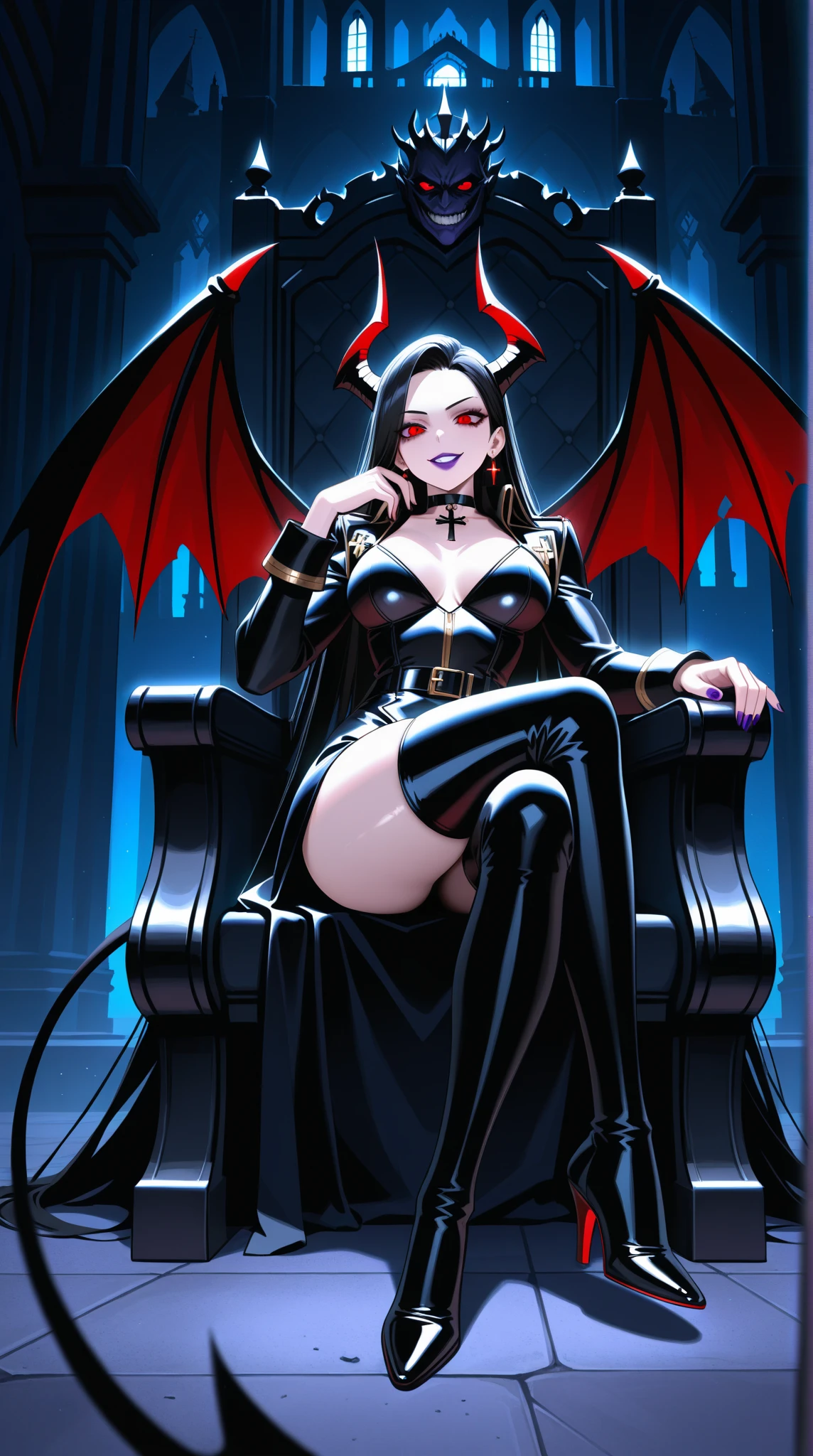 POV, Vampire woman, pale skin, cheeks sexass chs sex), Stang, grabbing her own ass, Cumming her stunning vampire woman with pale, flawless skin, sharp fangs, and glowing red eyes. She has long, flowing black hair, black gown, Her expression is both seductive and menacing, with a hint of blood at the corner of her lips. The background is a moonlit gothic castle, with shadows and mist adding to the eerie atmosphere