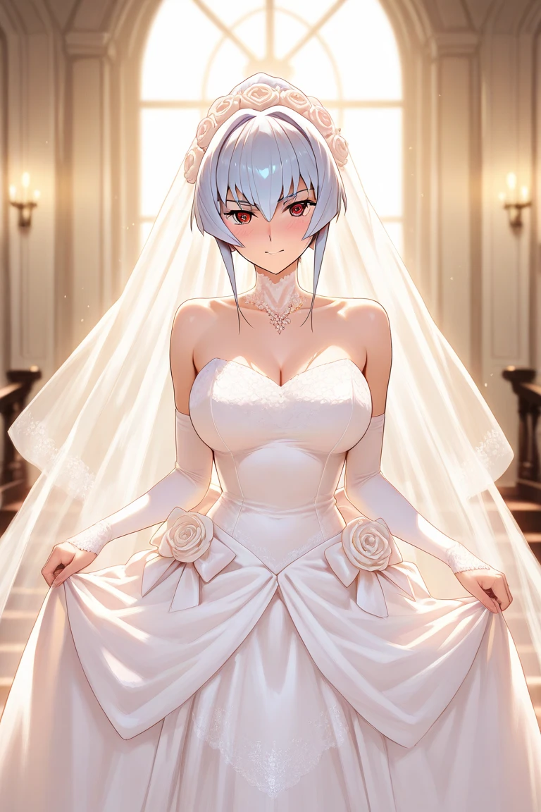 a girl with big boobs wearing bride dress and is cumming inside the dress but have to hide it because the guests are there