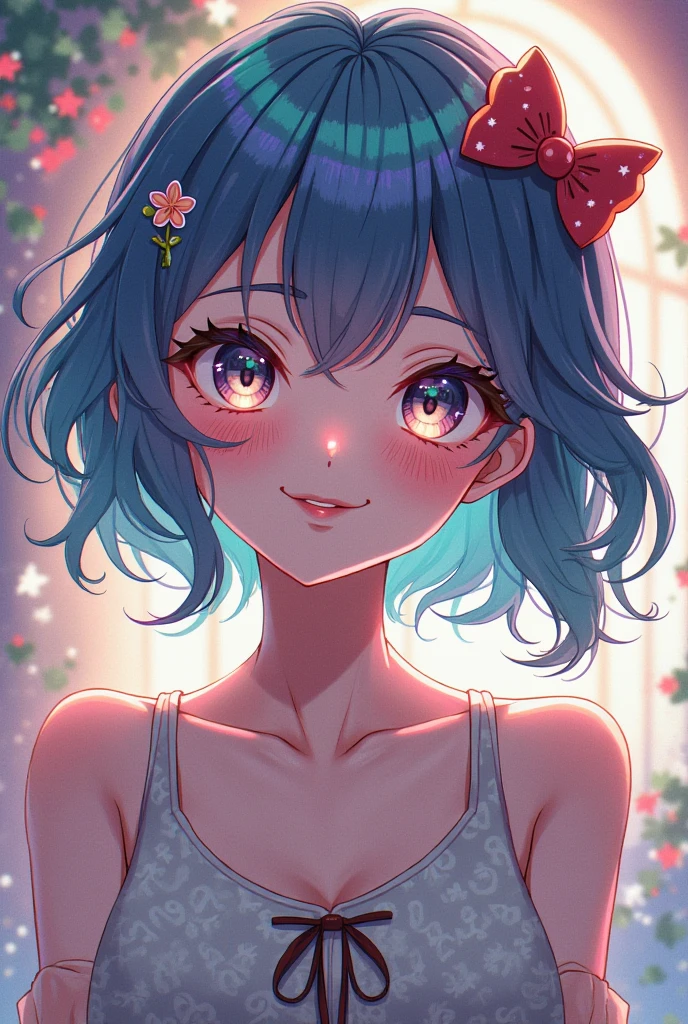 (highest quality, expensive_solve, clear_image, detailed background) ,girl, light blue hair、inner color、bright look、short hair、Hair is tied short、Light blue shining eyes,smile、Pink hair accessories、yellow off shoulder innerwear、(Sunlight on the face)、(colorful background、bright pop background)