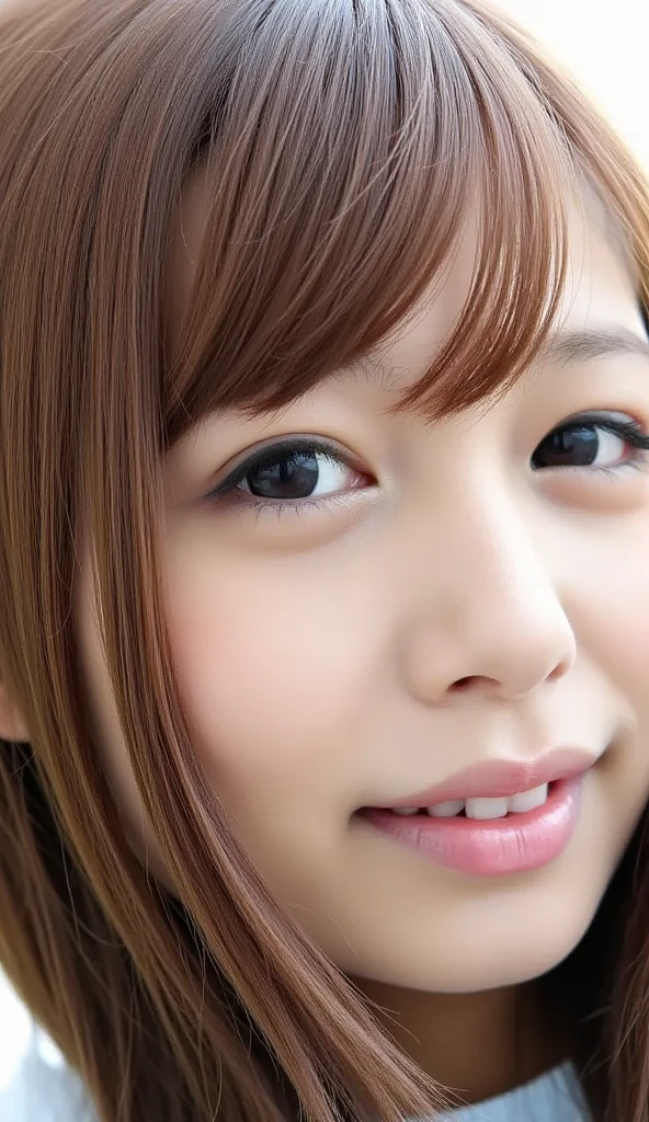 Beautiful drooping eyes、big beatiful eyes、((full nude))、blunt bangs、straight hair、pink nipples、big breasts、Close-up shot of upper body、white skin、Fair skin、strong light all over the body、fold your arms behind your head、black background、blush、embarrassing smile