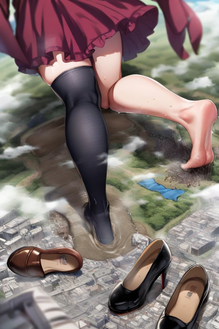 facial details, masterpiece, depth of view, cinematic angle, drsizukachan1, explicit, Shizuka Minamoto, (1 girl, alone, black hair, black eyes, twin tails, twin tails, competition swimsuit, barefoot, looking at viewer, in the center of the image, (close-up), (Focus on his face), feet, soles, toes, in a decrepit underground tunnel in hell, scared), nsfw, (giant),